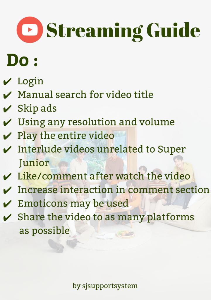 sjsupportsystem's tweet photo. ✨ YOUTUBE STREAMING GUIDE ✨

Read carefully and spread to others so our views not considered as bot.

#SUPERJUNIOR #SUPERJUNIOR_TheRenaissance #HouseParty @SJOfficial https://t.co/EWJUyVrO4o