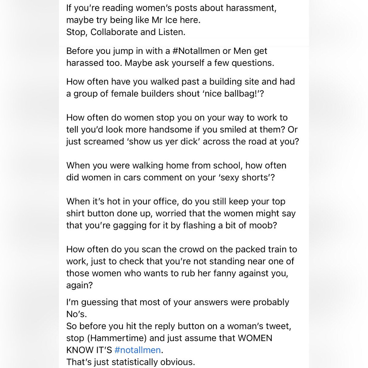 robtofield's tweet photo. Gentlemen, I wrote a silly little thing on Facebook. Maybe have look before you reach for #notallmen button. 
#claphamcommon #reclaimthesestreets https://t.co/q9NJYF14IT