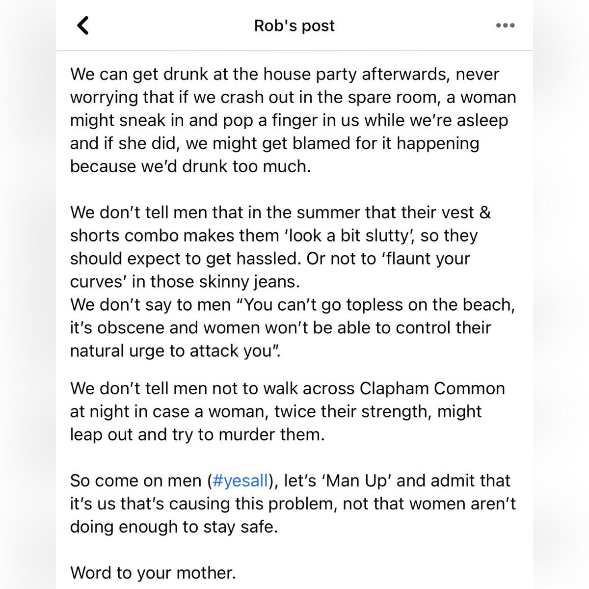 robtofield's tweet photo. Gentlemen, I wrote a silly little thing on Facebook. Maybe have look before you reach for #notallmen button. 
#claphamcommon #reclaimthesestreets https://t.co/q9NJYF14IT