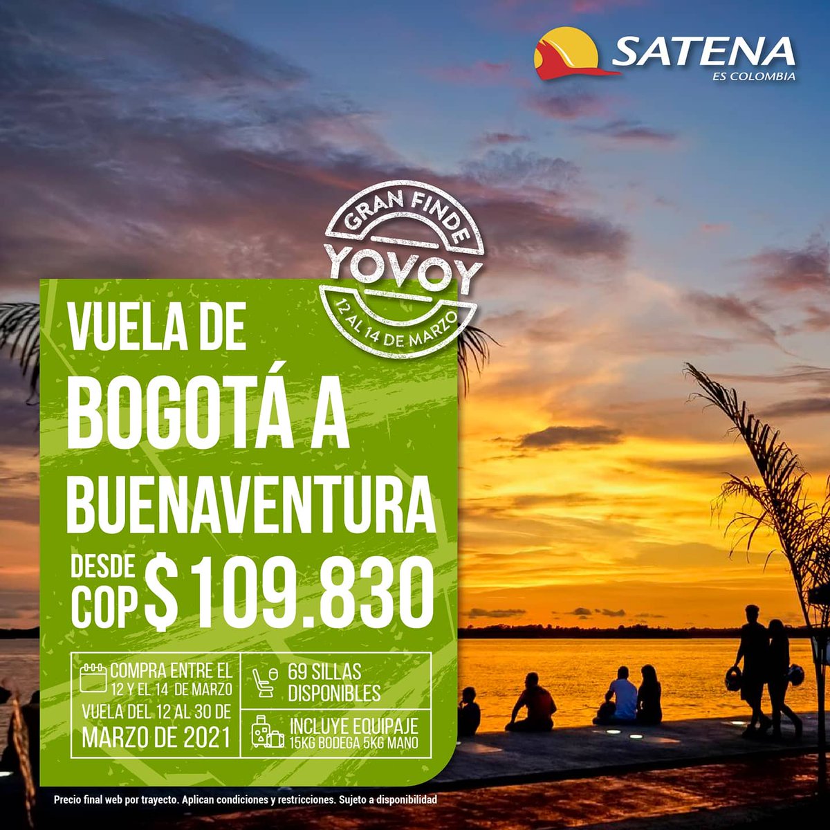AerolineaSatena's tweet photo. #ÚltimasHoras para que aproveches las promociones que tenemos en #ElGranFinde para que vueles por Colombia!
Ingresa a https://t.co/2Ntph4HfmH y programa desde ya tu próxima aventura en destinos seleccionados.🌄🎉
Di #YoVoy y disfruta del turismo por nuestro hermoso país.😍 https://t.co/Q3VequvZiQ