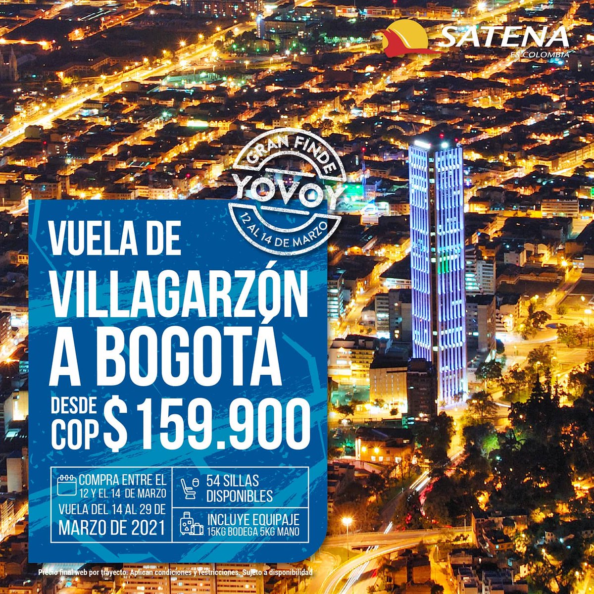 AerolineaSatena's tweet photo. #ÚltimasHoras para que aproveches las promociones que tenemos en #ElGranFinde para que vueles por Colombia!
Ingresa a https://t.co/2Ntph4HfmH y programa desde ya tu próxima aventura en destinos seleccionados.🌄🎉
Di #YoVoy y disfruta del turismo por nuestro hermoso país.😍 https://t.co/Q3VequvZiQ