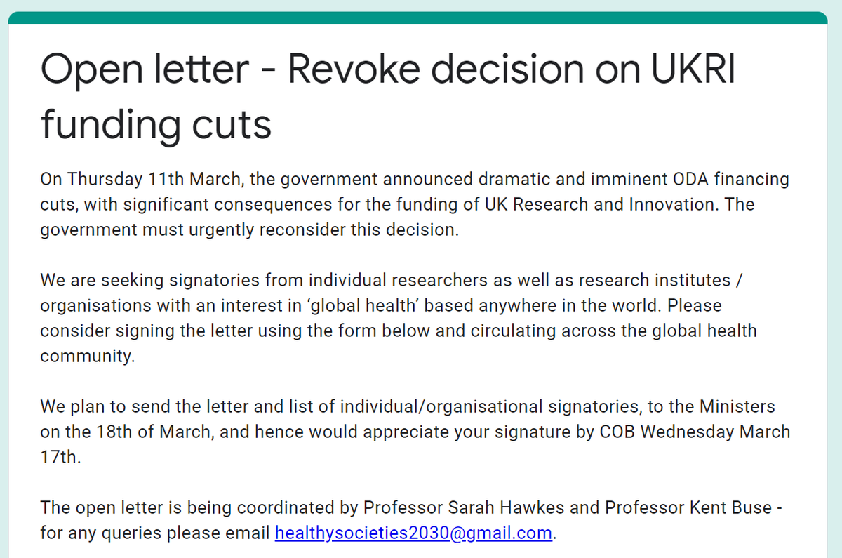 Do you care about global health research?

If so, join our protest of #UK government cut to #UKRI funding

Cut will harm most vulnerable &amp; our ability to innovate &amp; tackle pressing global challenges in an evidence informed way

🙏Sign our letter &amp; RT

⏩t.ly/Fm2W