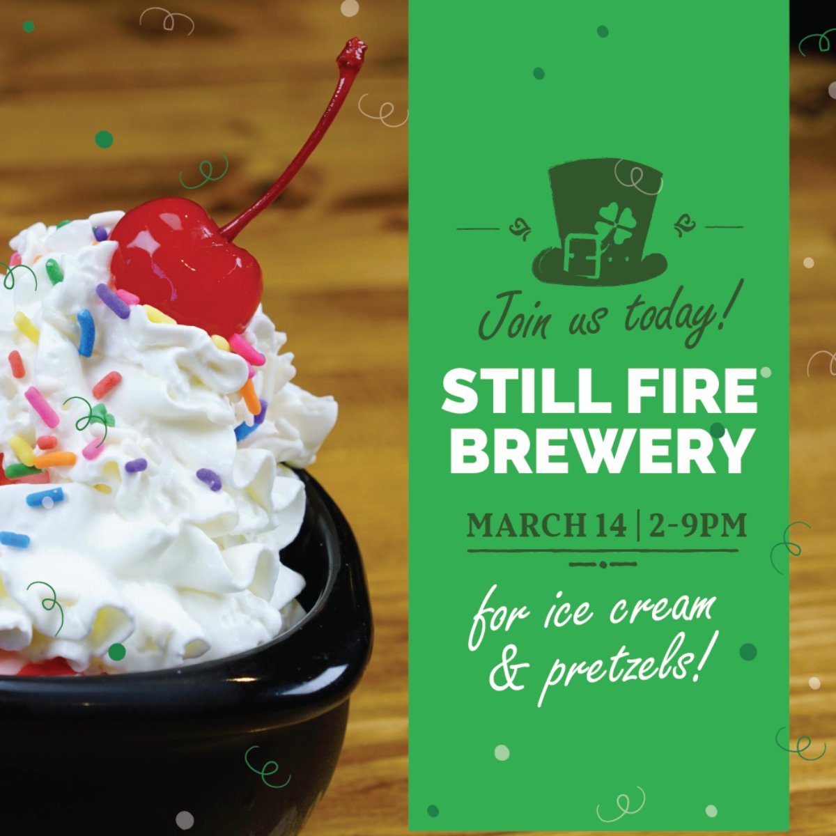 daddyospub's tweet photo. We're going big today at Still Fire Brewery's St Patrick's Day blowout! Join us from 2PM to 9PM for celebrating, ice cream, and pretzels! @stillfirebrewing.  #bestofgwinnett #daddyos #daddyobrien #daddyobriensirishicecreampub #joinourfamily #atlantadesserts https://t.co/bZ7ik5odrh