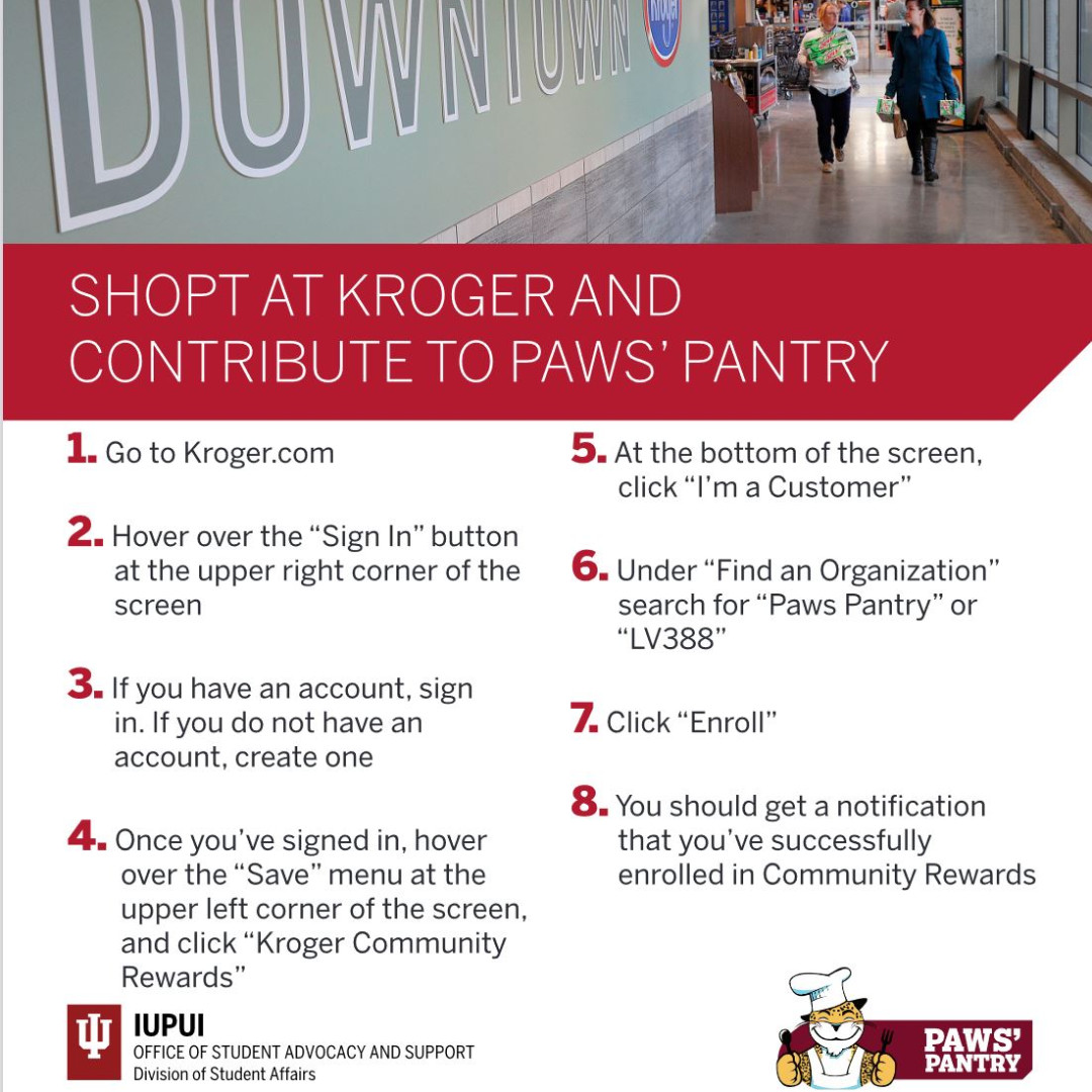 GPSG_IUPUI's tweet photo. Did you know you can shop at Kroger and help Paws Pantry? Read the picture to find out more information! #GradJag https://t.co/oAG5p7PmIr