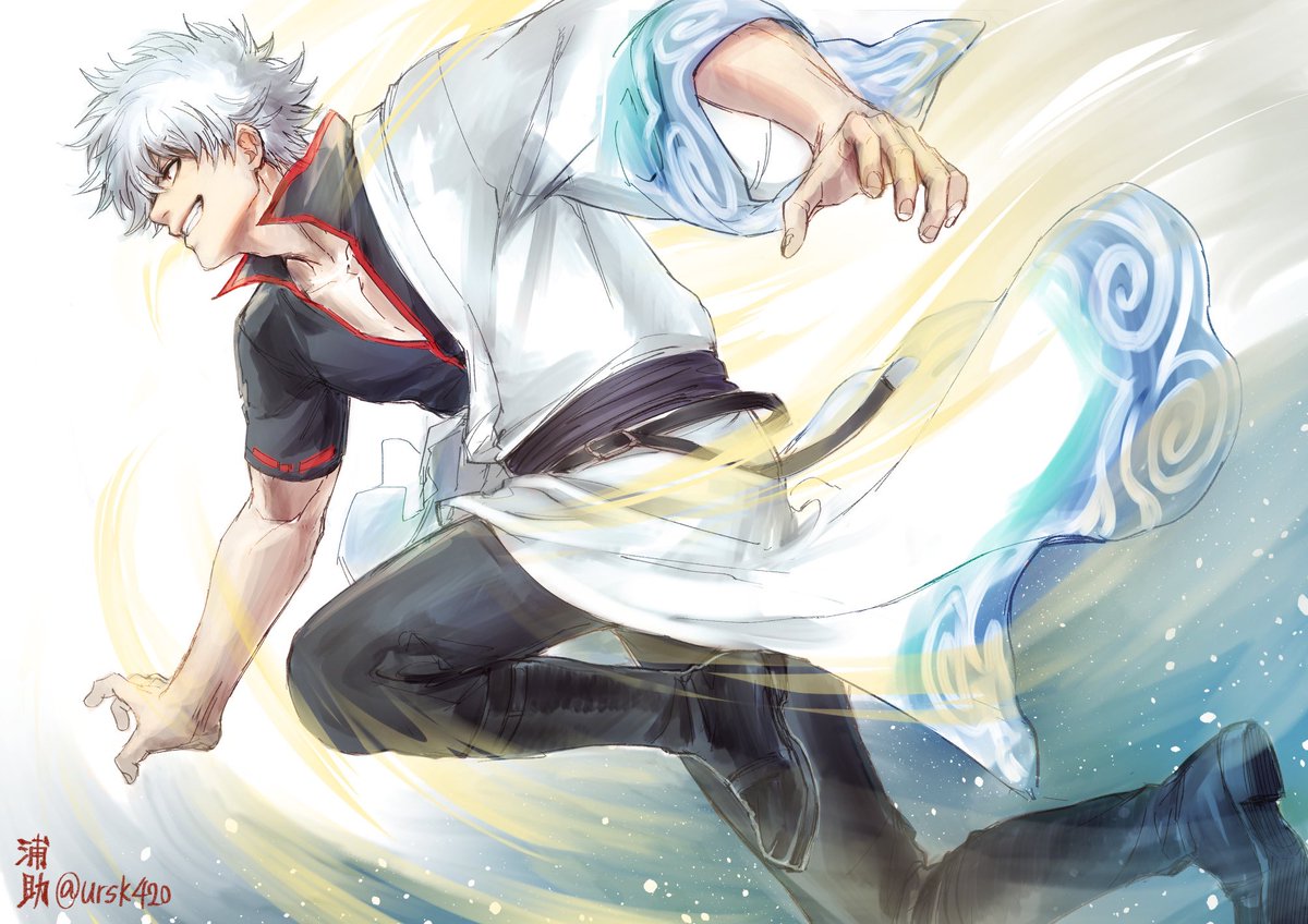 sakata gintoki 1boy male focus solo short sleeves black pants japanese clothes smile  illustration images