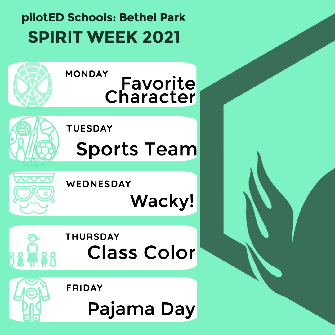Dear pilotED Families, we are excited to announce our Spirit Week for this year, starting 3/15 and end 3/19. If students are not dressing for the theme day, they are expected to be dressed in normal dress for the school day. Go pilotED! #spiritweek #community #piloted