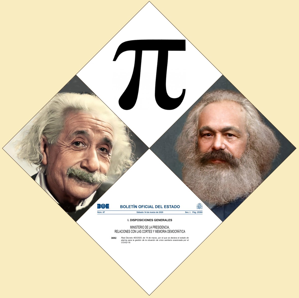 historiacolor's tweet photo. #UnDíaComoHoy, día 14 del mes de marzo (3) recordamos una confluencia histórica curiosa:

- Es el día de Pi #PiDay
- Nació Einstein (1879)
- Murió Marx (1883)
- Se declaró el estado de alarma por el Covid-19

Y empezó una nueva forma de vivir. https://t.co/xKPzBiaaqN