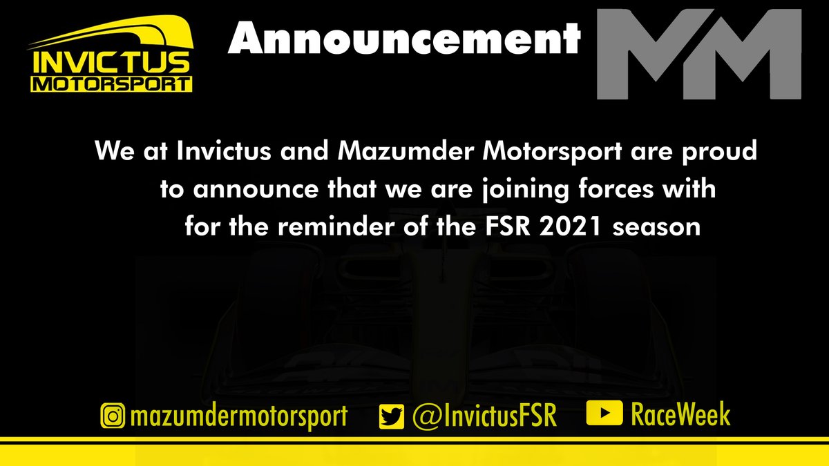 InvictusFSR's tweet image. We are glad to announce that for the remainder of the @FSR_esports 2021 season we will be teaming up with Mazumder Motorsport! This will allow us to reach the goals and possibly expand to new series and reach new heights!
