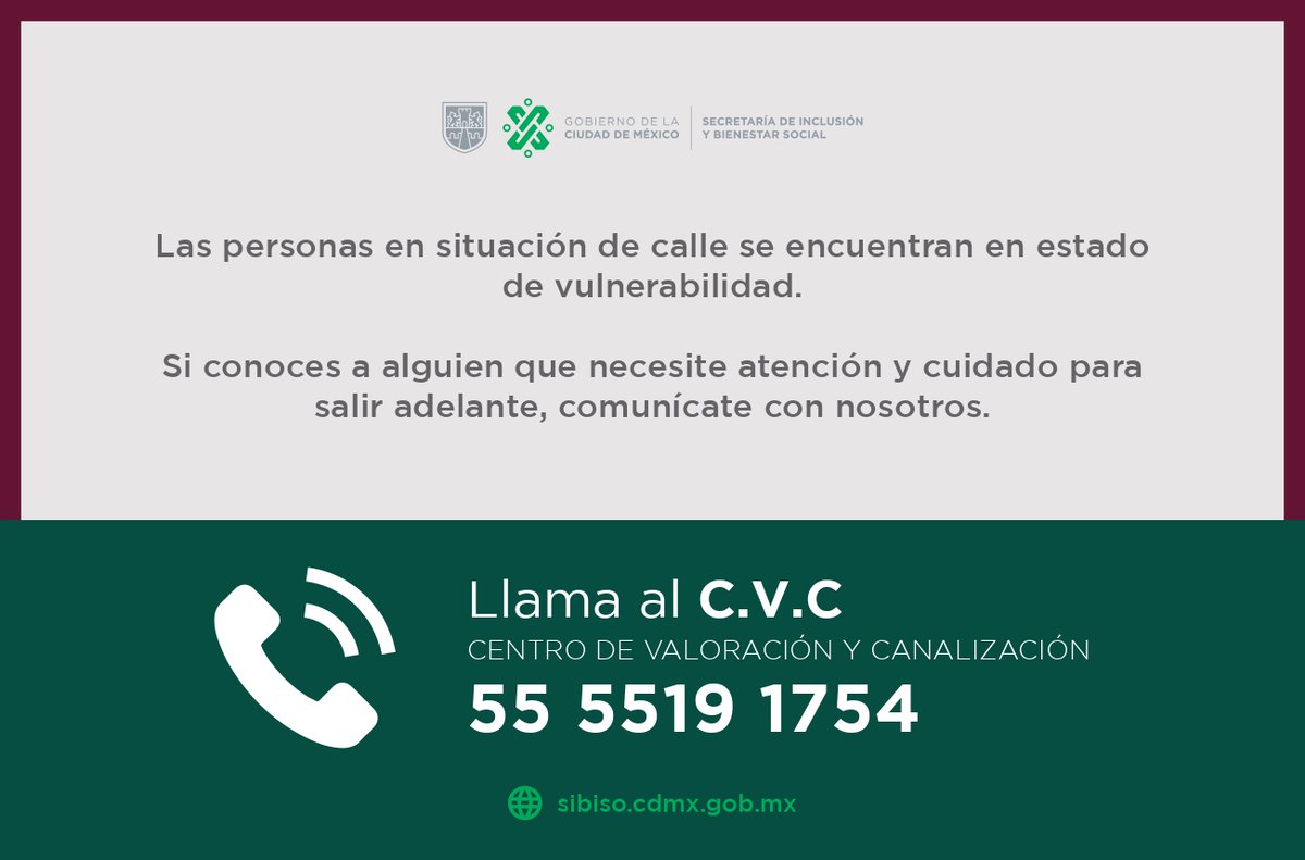 SEBIEN_cdmx's tweet photo. #AyudanosAAyudarlos

Las personas en situación de calle requieren atención y cuidado. 

Si conoces a alguien en estado de vulnerabilidad llama al Centro de Valoración y Canalización, #CVC, 55 55 19 17 54

#LaSIBISOjuntoAti https://t.co/JhgUaT3ivt