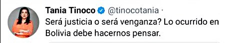 Marisol_Bowen's tweet photo. Justicia: Áñez fue apresada por el golpe de estado en Bolivia y 35 muertos. Venganza: @JorgeGlas fue apresado sin pruebas "por la fuerza de las circunstancias" y @MashiRafael condenado por "influjo psíquico". ¿Ya entendiste la diferencia entre justicia y venganza o todavía no? 🤦‍♀️ https://t.co/1tL5LwMcZF