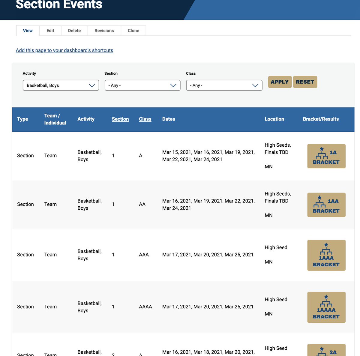 Brackets are in process for Section Girls and Boys Basketball and Girls and Boys Hockey.  Find brackets and section tournament information here: