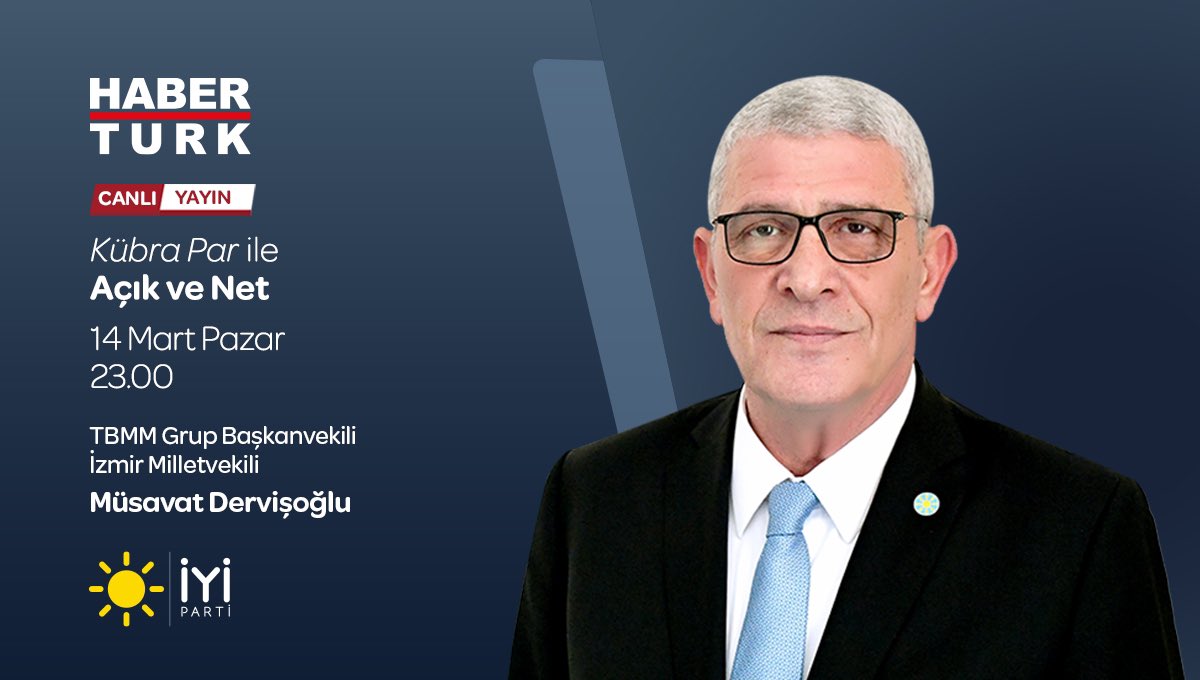 TBMM Grup Başkanvekilimiz Sayın <a href="/MDervisogluTR/">Müsavat Dervişoğlu</a>;

🗓 14 Mart Pazar (bugün)
🕚 23.00'te
📺 <a href="/HaberturkTV/">Habertürk TV</a> ekranlarında

Kübra Par ile #AçıkveNet programına konuk oluyor.

Sizleri de ekran başına bekliyoruz. 👍🏻