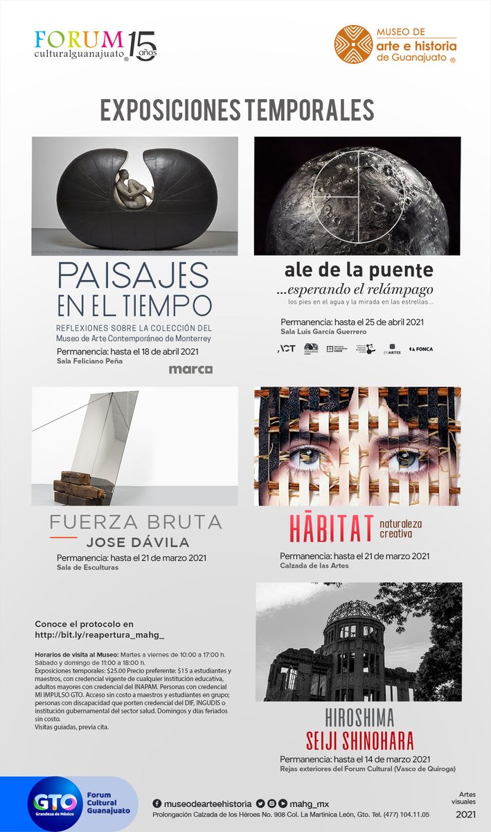#DomingodeMuseos
🎟️Visita sin costo:

<a href="/AledelaPuente/">Ale de la Puente</a> ...esperando el relámpago⚡

🖼️Paisajes en el tiempo⏳  

🍏Fuerza bruta, de Jose Dávila

📷Hiroshima. Fotografía de Seiji Shinohara 

🌎Hábitat. Naturaleza creativa.

📲 Protocolo de acceso: bit.ly/reapertura_mahg