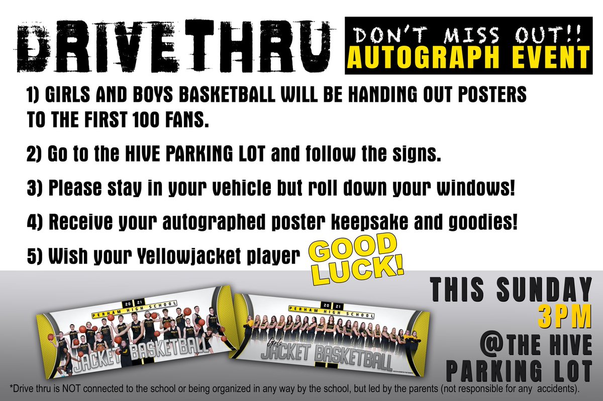Today at 3pm!  Our boys and girls Basketball teams need to see your little’s faces and support! They miss you! Come to our safe autograph poster event!  #drivethru #annualautographposter #collectable #candyincluded #missthefans #perhambb #parentled