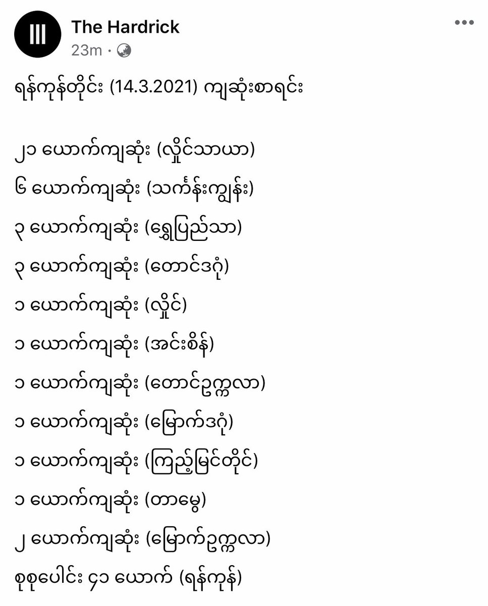 BoMee_BM's tweet photo. As of 9 PM MMT today, a total of 41 civilians in Yangon have been murdered in a day by the junta terrorists. Death rate to go up as the slaughter is still ongoing in residential areas @RapporteurUn @moonriver365 @freya_cole @YourAnonCentral #Mar14Coup #WhatsHappeningInMyanmar https://t.co/f4me6iUm36