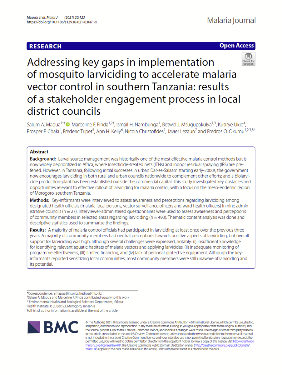Fredros_Inc's tweet photo. Following initial success in Dar-es-Salaam in early-2000s, Tanzania now encourages larviciding nationwide to complement #malaria control

In this study, we identify ways to address key implementation gaps relevant to larviciding in local district councils

https://t.co/LteGAR0SEB https://t.co/V7O3KxPEk6