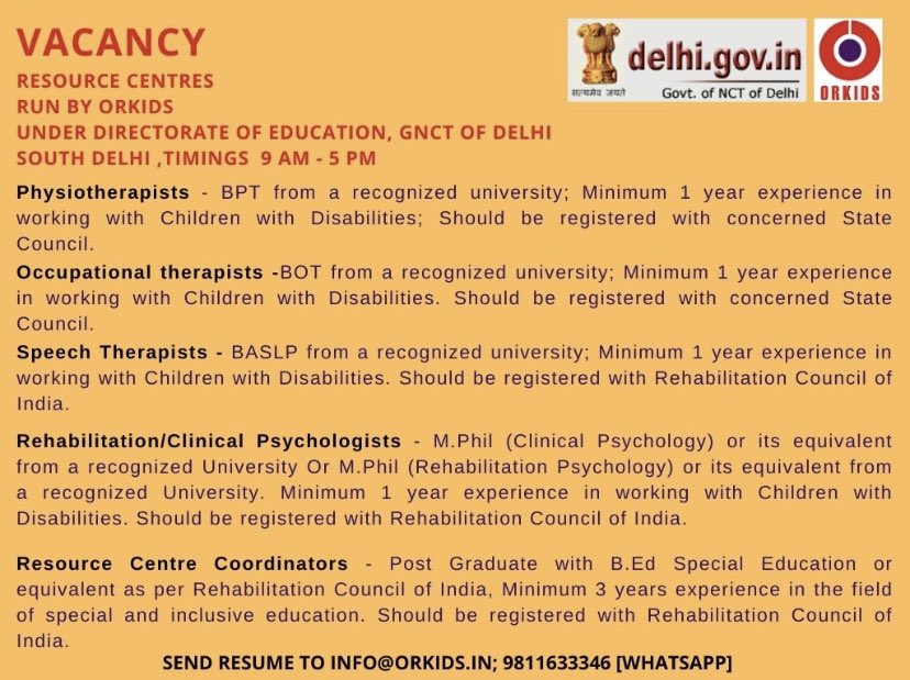 Vacancy 
Apply on info@orkids.in 
#specialeducation #resourcecentre #OccupationalTherapy #speechlanguagetherapy 
#physiotherapy 
#psychologist 
Pls RT