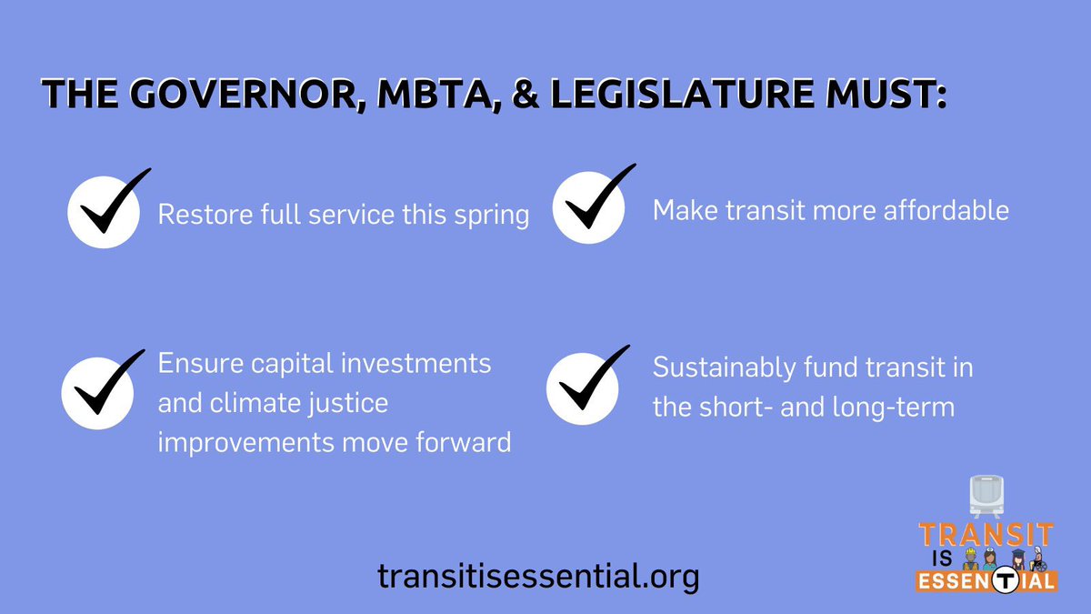 juliawallerce's tweet image. The bottom right ✔️ is everything. If we had sustainable, ongoing funding for transit, the #mbta wouldn’t be faced with making service cuts. There would be no question where future $ would come from &amp;amp; federal $ would be used for relief TODAY, not FY22-23. #transitisessentialma