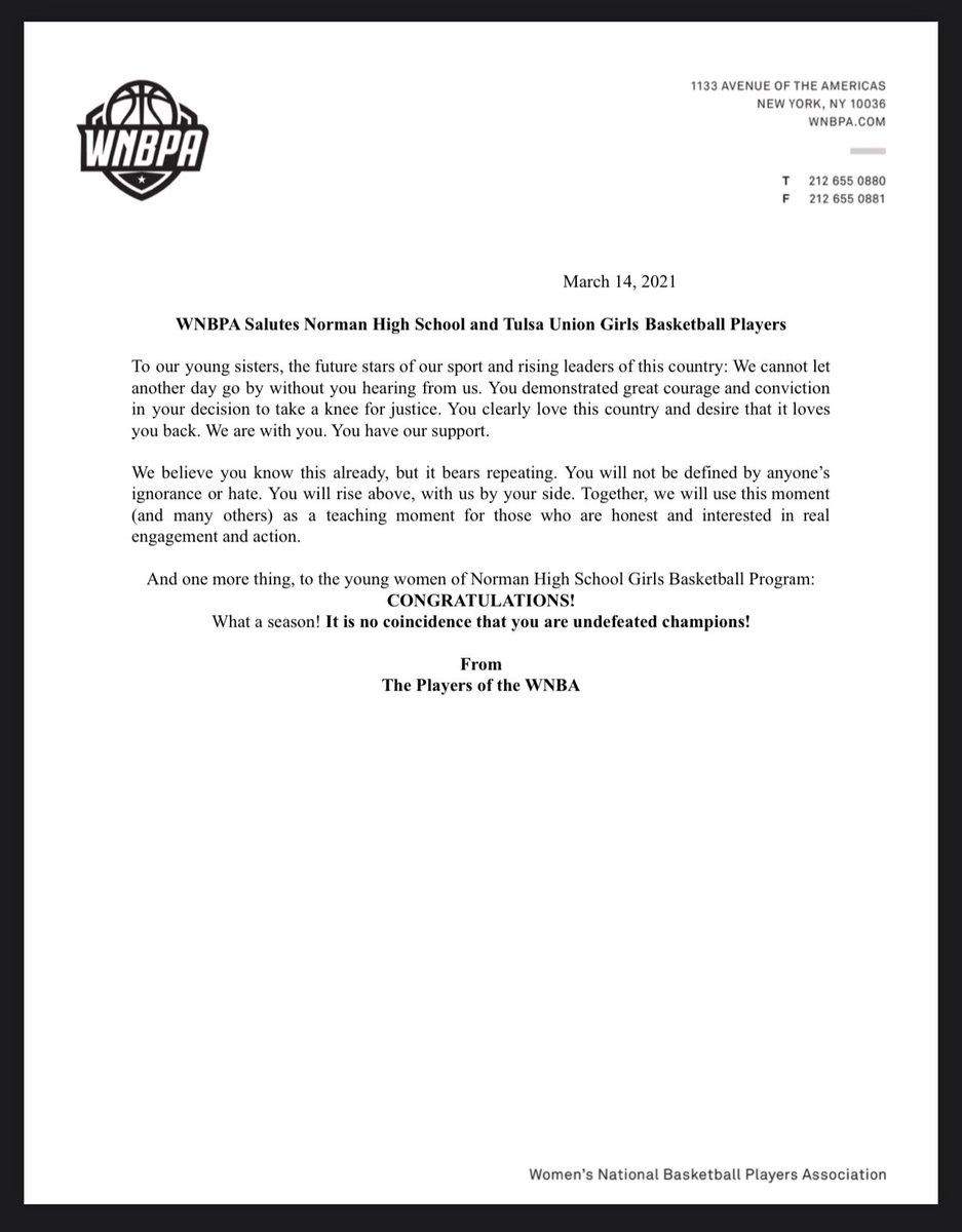 TheWNBPA's tweet photo. A Message from The Players to @gonormantigers and Tulsa Union Girls High School Girls Basketball Teams 🏀🖤 https://t.co/gmeh16PLG7