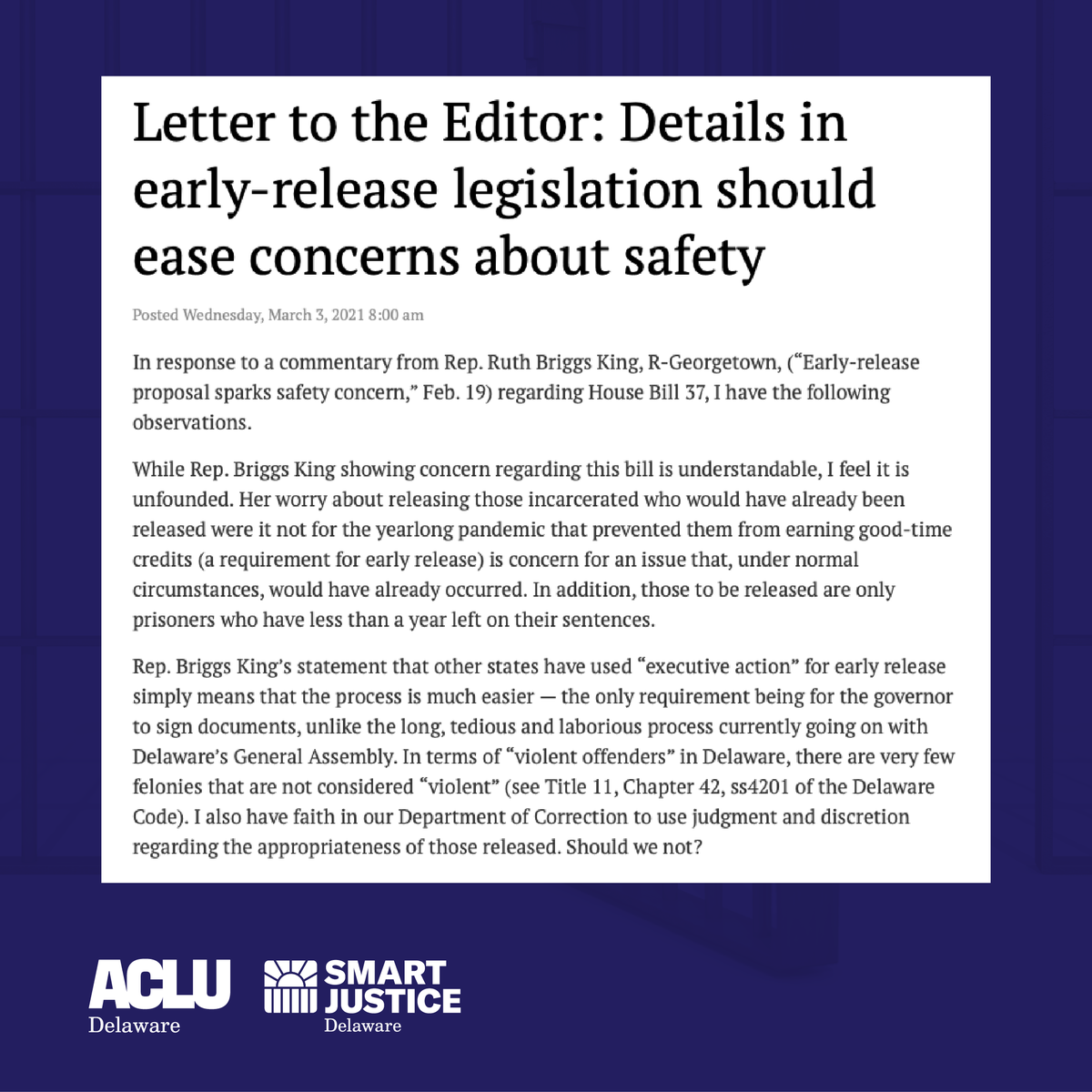 Screenshot of letter-to-the-editor linked in the post on a blue background w/ ACLU-DE & Campaign for Smart Justice logos