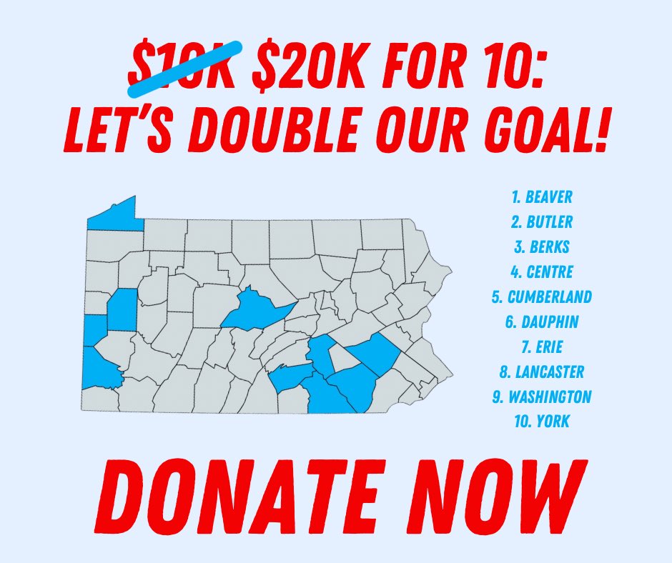 To win PA again, we need to organize year-round. That’s why we’re investing in 10 critical local Democratic committees across the state. Our goal was $10K for these 10 counties, but we just beat that. Let’s double it and get to $20K!

Donate here 👉 bit.ly/3ldyaQa
