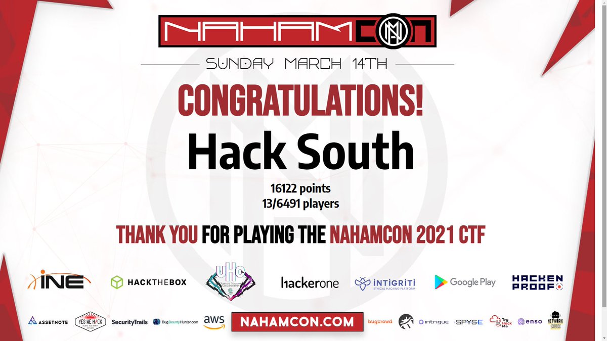 hack_south's tweet photo. Well done to the #HackSouth #CTFCrew for coming in at 13th in the #NahamConCTF that just wrapped up.
~ML https://t.co/p60WwLkPHu