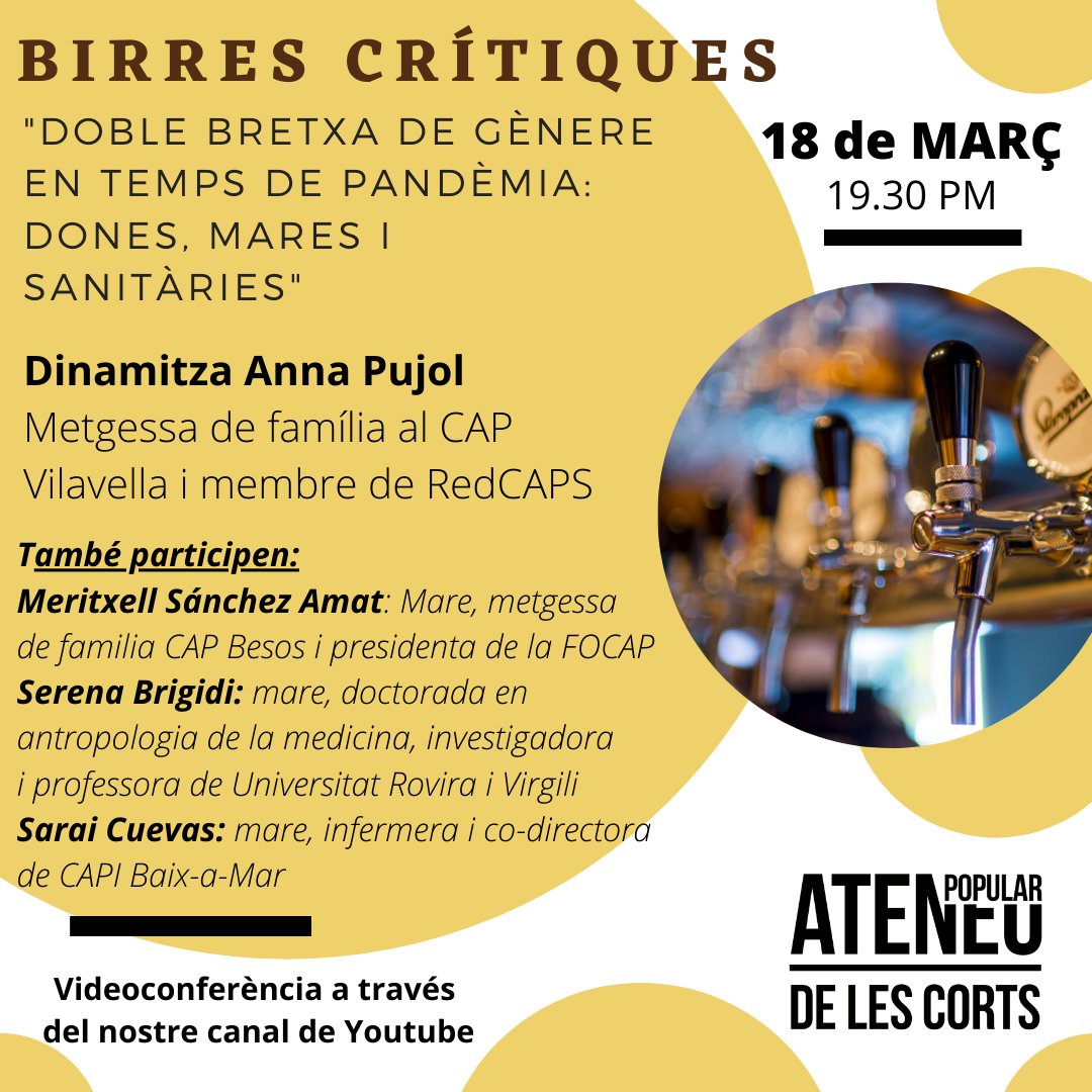 ateneupopularLC's tweet photo. Aquest dijous a les birres crítiques parlarem de la doble bretxa de gènere: dones, mares i sanitàries. Podeu participar a través del nostre canal de Youtube https://t.co/D5kDqqJriC https://t.co/OVUIDV93qa