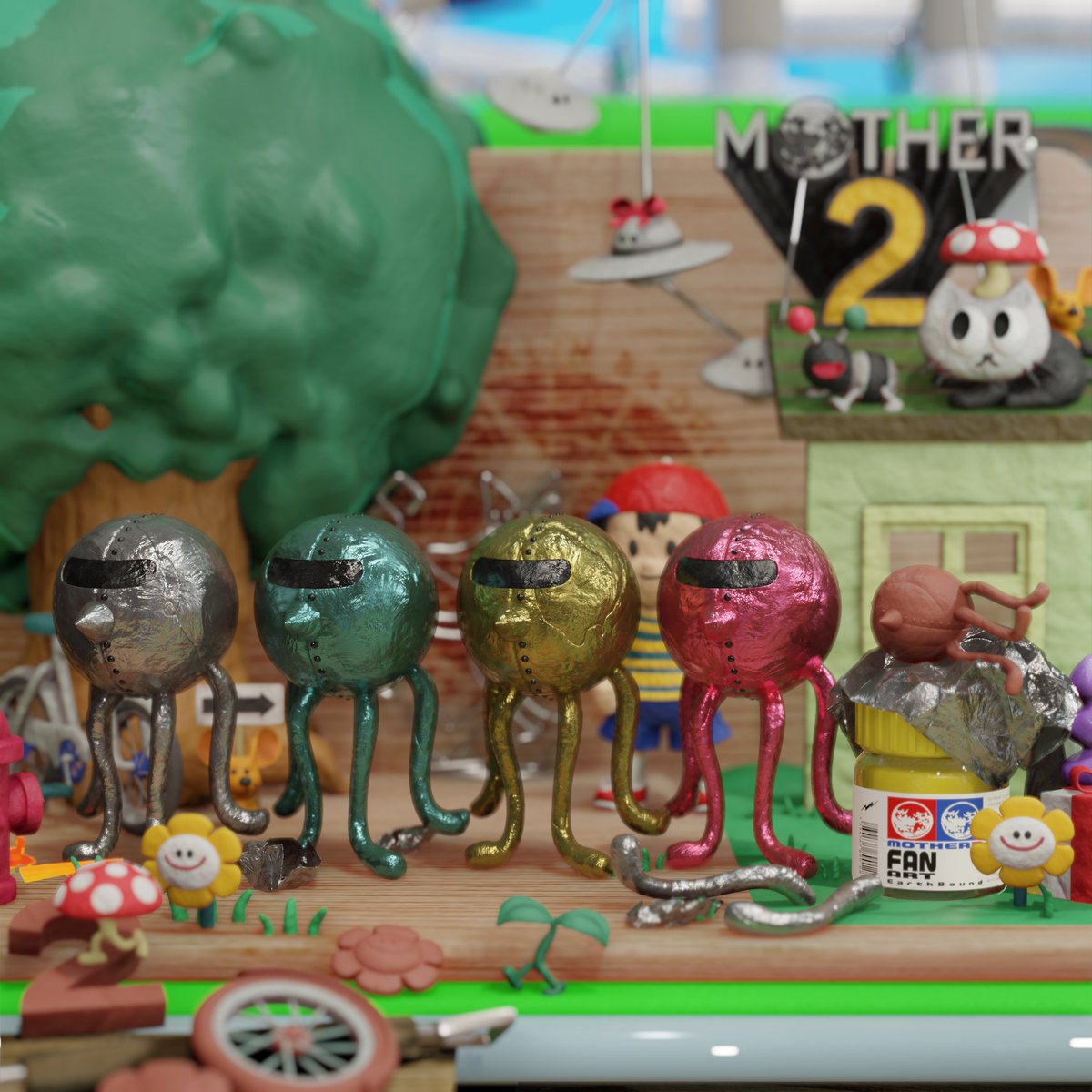 澤田圭 ｷｬﾗｸﾀｰﾃﾞｻﾞｲﾅｰ Mother2の世界のファンアートを3dcgで少しずつ作っています 本日はアルミホイルで作ったようにモデリングした ミタ メ タコ マル デ タコ カナ リ タコ タコ ソ ノモノ です Motherのネーミングセンスは最高です