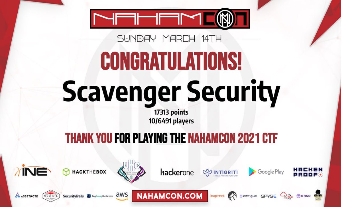 ScavengerSec's tweet photo. Scored 10th out of 6000+ teams on the @NahamSec CTF. Thanks @_johnhammond for this great event. #NahamCon2021 #CTF https://t.co/6KXkFdRO6s