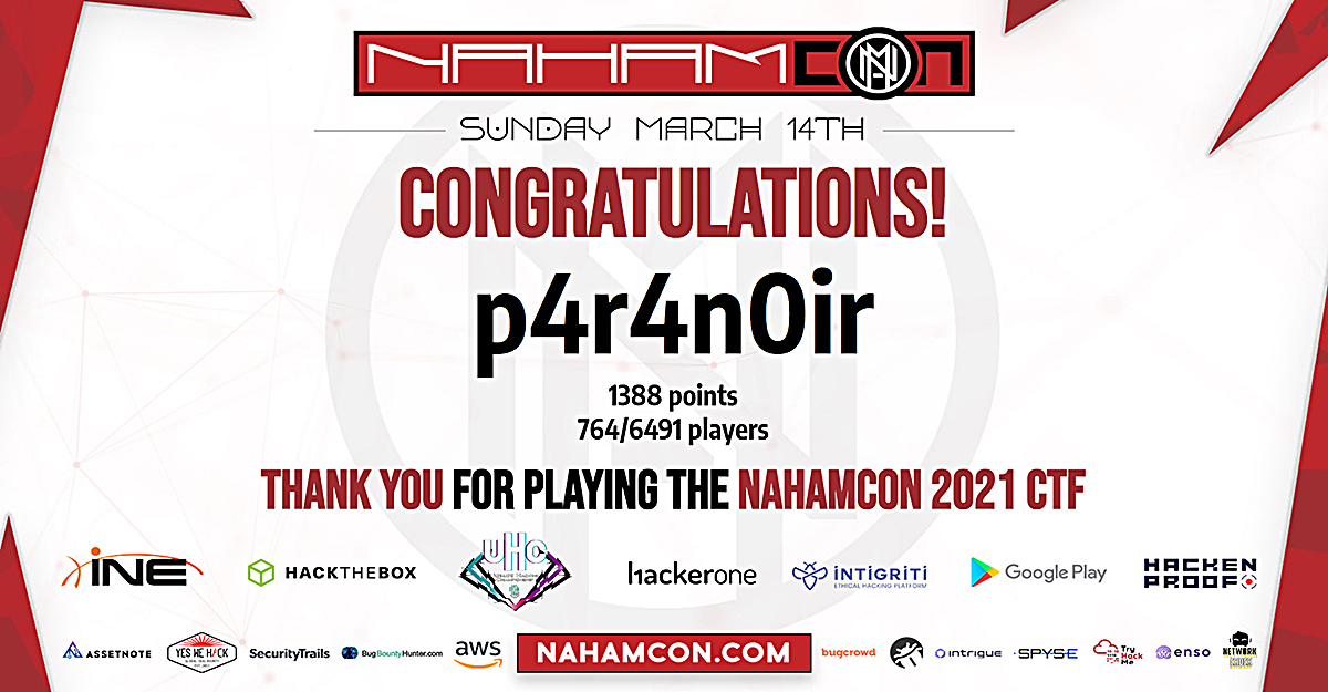 Attended my 1st CTF this weekend and now I am more hyped than ever to fill all the knowledgegaps. Thanks to all  involved who made this possible and to @ITJunkie and his encouraging and supportive community! #NahamCon2021