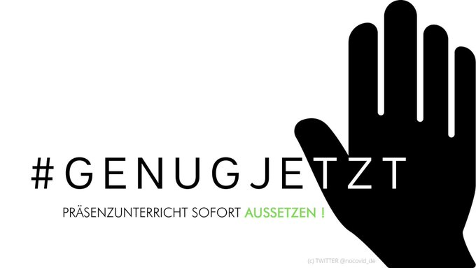 @nocovid_de @KM_BW @KM_Bayern @SenBJF @MBJSBrandenburg @RathausHB_news @hh_bsb @RegHessen @bildung_mv @NdsLandesReg @BildungslandNRW @Bildung_RLP @MBK_Saar @Bildung_Sachsen @MBSachsenAnhalt @Bildung_SH @BildungTH @rki_de #GenugJETZT:Keine Experimente - Durchseuchung durch unsicheren Schulbetrieb stoppen! Gesundheit durch Distanzunterricht & sichere Schulen schützen!

#NoCovid statt #LongCovid

#YesToNoCovid #FangtEndlichAn 
#NoCovidDay #SichereBildung #PraesenzpflichtAussetzen

#WirSindViele