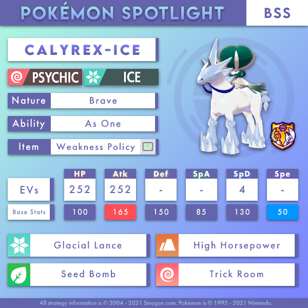 SmogonU's tweet photo. In BSS, Calyrex-Ice establishes itself As One of Trick Room's most fearsome sweepers!

Importable and description: https://t.co/3PMOpxlsFk https://t.co/oxiMP0Cton