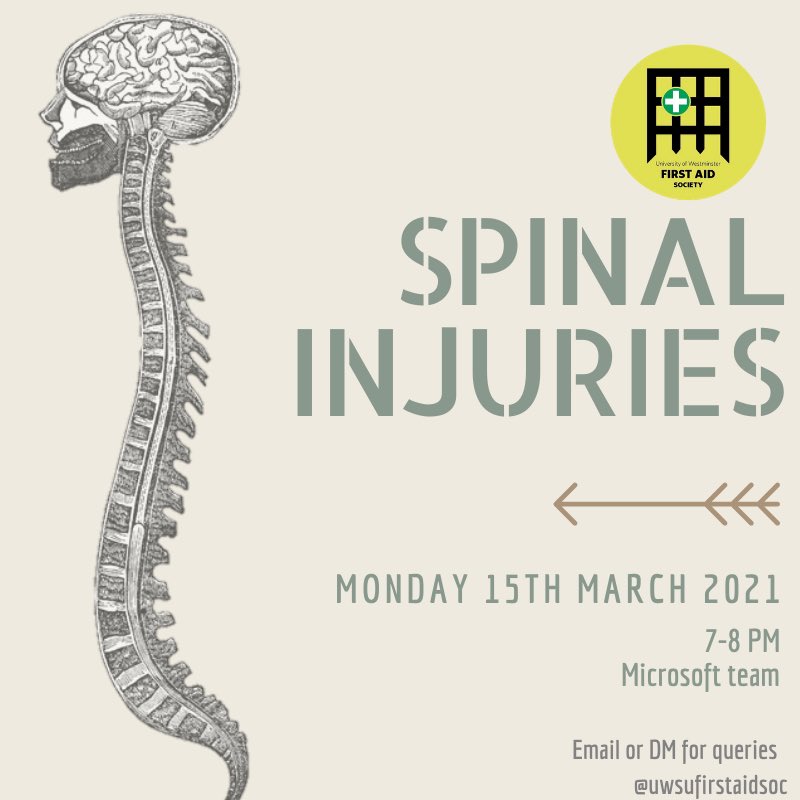 Join us this Monday to learn how to assess patients suspected of having a spinal injury through engaging demonstrations.

SJA AGM            6-7 PM
Spinal injuries    7-8 PM

Hope to see you there🥳💚

The link to join will be emailed to members.
#firstaid #Training