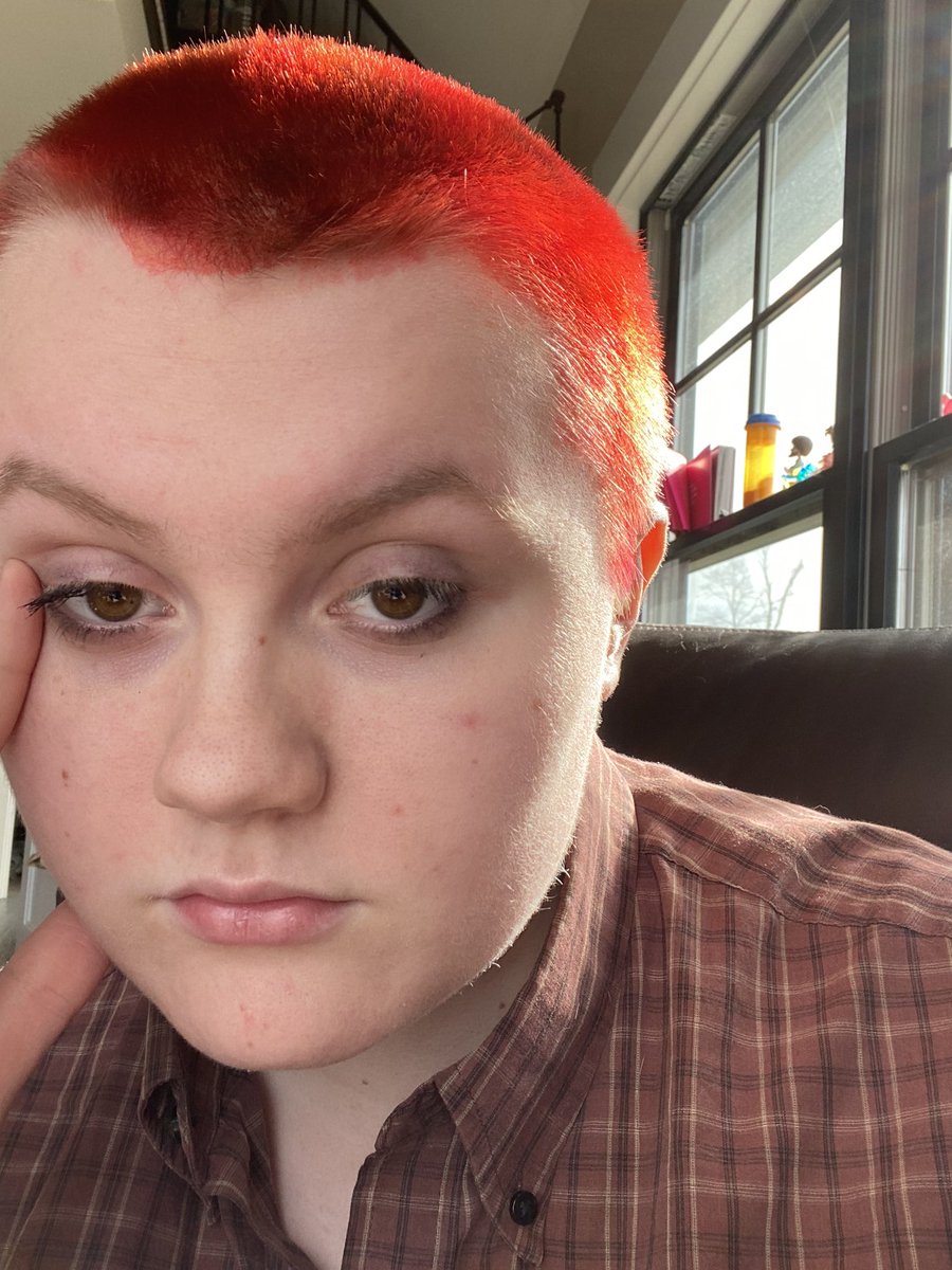connorbhem's tweet photo. hi guys, my friends made fun of my polka dot hair so much that i just dyed it red🙃 https://t.co/2WScX6VSp4