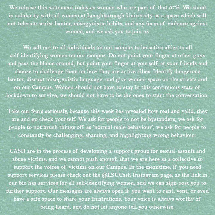 LSU Consent & Sexual Health (@lsucash) on Twitter photo Our Statement in regard to the most recent events. If you have been affected please feel free to reach out to us. <a href="/lborouniversity/">Loughborough University</a> <a href="/LoughboroughSU/">Loughborough SU</a> Our Statement in regard to the most recent events. If you have been affected please feel free to reach out to us. <a href="/lborouniversity/">Loughborough University</a> <a href="/LoughboroughSU/">Loughborough SU</a>