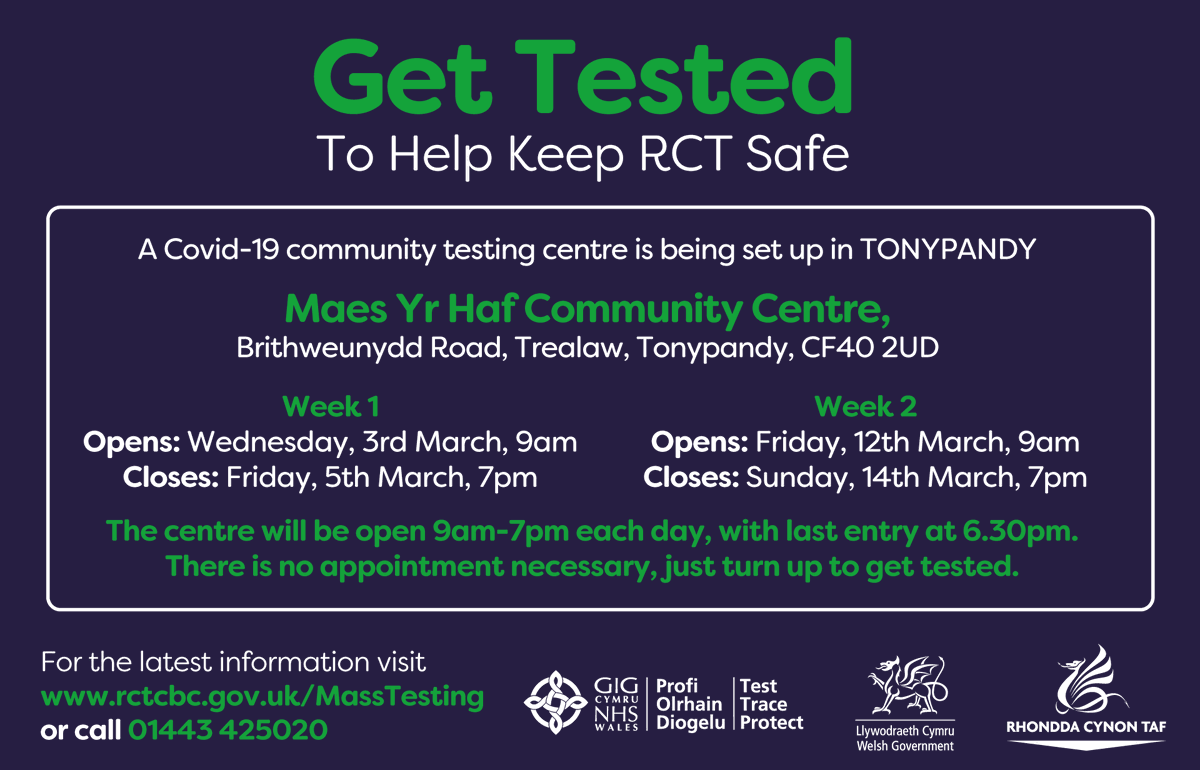 COVID-19 Community Testing for people with NO symptoms in Tonypany ends this evening. 

Please visit the test centre before 6.30pm to get tested, and help protect those around you.

More info: orlo.uk/ggCRI