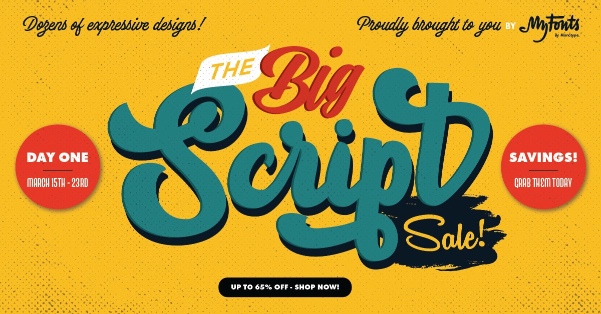 MyFonts's tweet image. Our 2021 #BigScriptSale officially begins tomorrow, but you can get a jump start on the #font discounts now – and of course we’ll be spreading the love in our social channels every day of the event. And keep an eye out for our #ScriptTips each day, too! bit.ly/3teMP0a