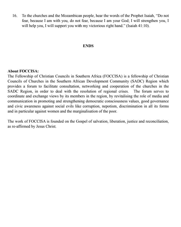 Christian Councils of Southern Africa urge immediate 
intervention into Cabo Delgado, Mozambique