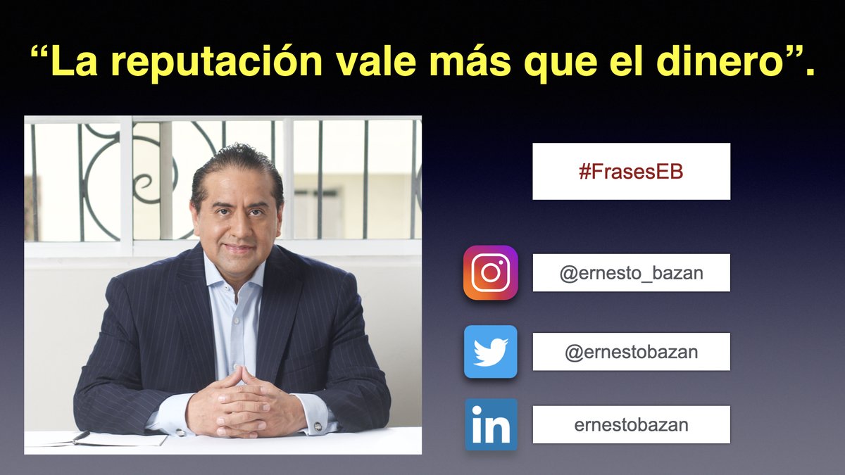 ernestobazan's tweet photo. "La reputación vale más que el dinero". #FrasesEB

Guarda esta frase. Algún día necesitarás recordarla. Los conflictos de interés aparecerán tarde o temprano. Apégate a tus valores y cuida tu reputación. 

Déjame tus comentarios [te leo] ... https://t.co/PXfo34YWmW