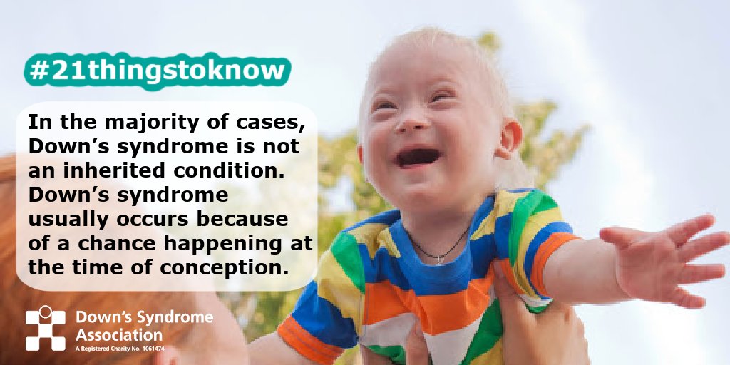 #21thingstoknow about #Downssyndrome

In the majority of cases, Down’s syndrome is not an inherited condition. Down’s syndrome usually occurs because of a chance happening at the time of conception.
