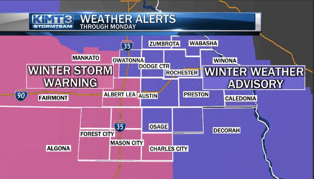 WINTER STORM WARNINGS for portions of Minnesota & Iowa, including Mason City and Albert Lea. Snow accumulation of 5-8