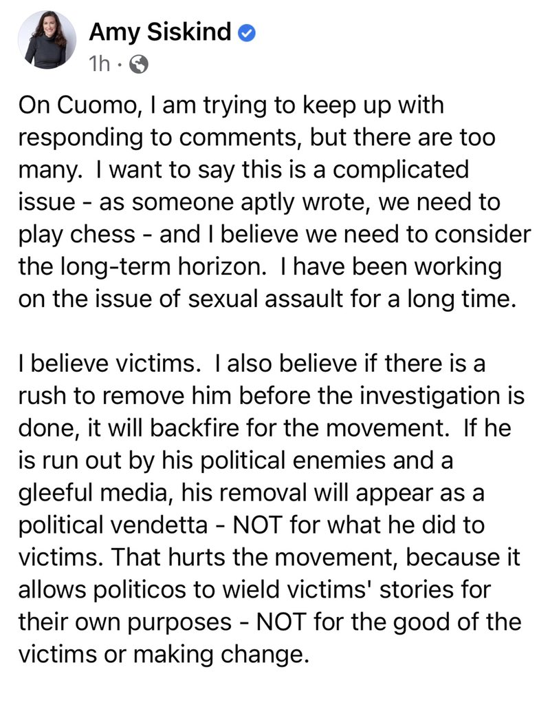 Amy_Siskind's tweet photo. On Cuomo:  I believe victims. I also believe if there is a rush to remove him - by political enemies and a gleeful media - before the investigation is done, it will backfire for the movement.  My thoughts here. https://t.co/ZPt2JexYeL