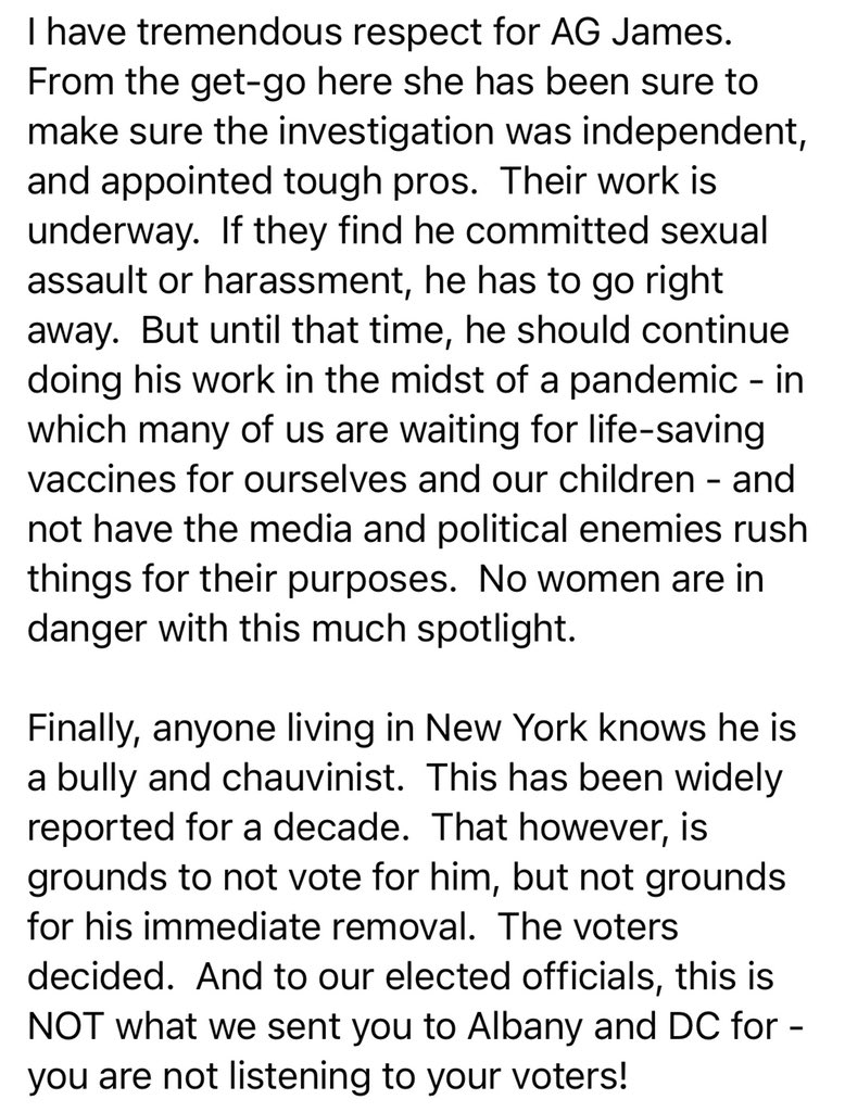 Amy_Siskind's tweet photo. On Cuomo:  I believe victims. I also believe if there is a rush to remove him - by political enemies and a gleeful media - before the investigation is done, it will backfire for the movement.  My thoughts here. https://t.co/ZPt2JexYeL