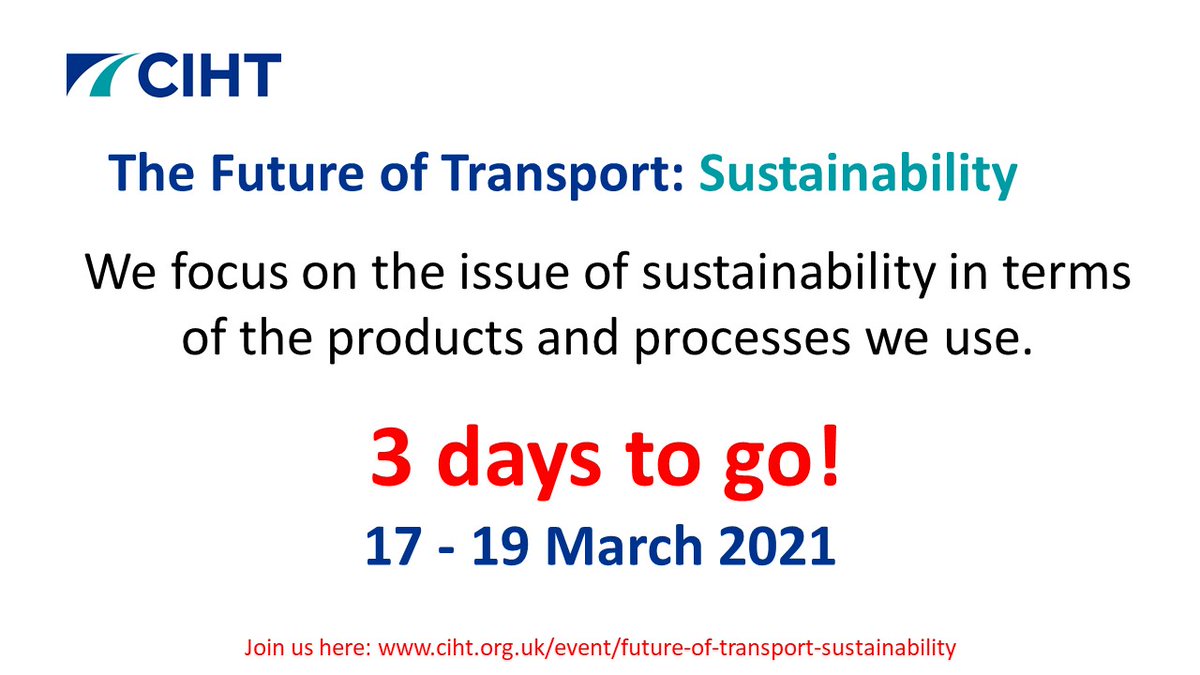 How can we incorporate #sustainability into all aspects of #transport planning? Learn more in CIHT’s Future of Transport Sustainability webinars, 17 – 19 March with <a href="/LDN_gov/">London Gov</a> <a href="/HavantBorough/">Havant Borough Council</a> <a href="/IllmanYoung/">Illman Young</a> <a href="/CIRIAupdates/">CIRIA</a> @HighwaysEngland <a href="/kent_C/">kent cheong</a>

Book here ow.ly/Vwr850DXuF7