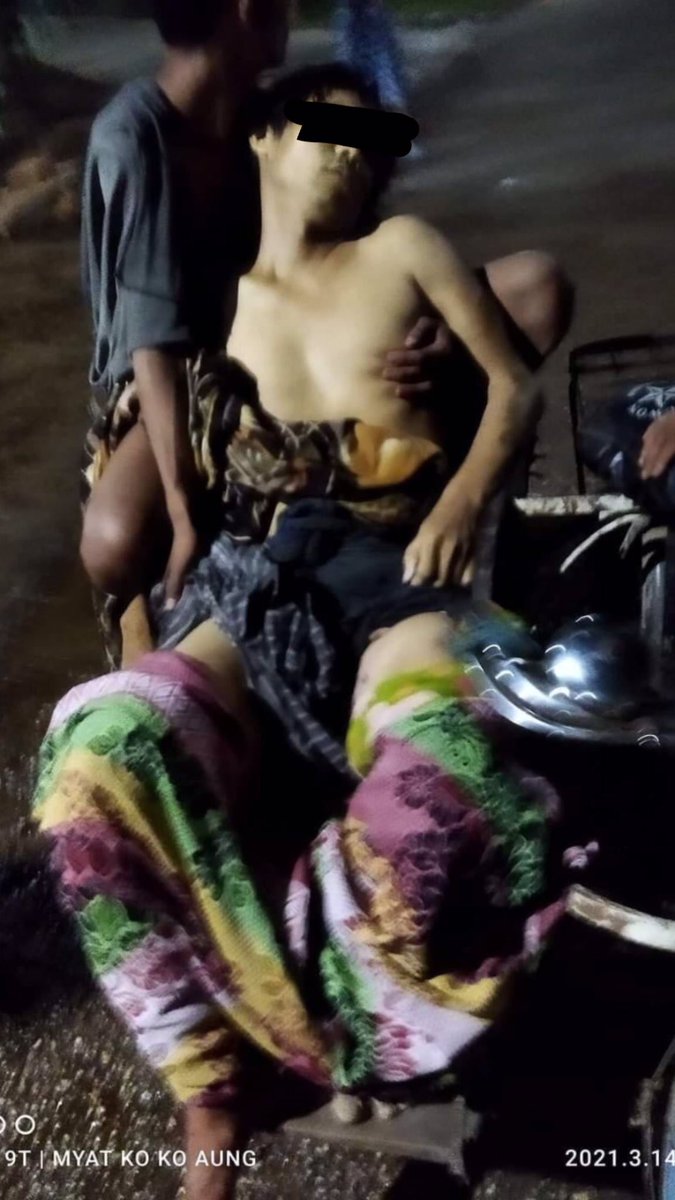 Pathein📍Three Death and 7 Badly Injured People so far. Injured People are trapped and can't get treatment since Terrorists keep shooting and don't let medical team pick up them. 
#WhatsHappeningInMyanmar
#Mar14Coup #MilkTeaAlliance #OpCCP