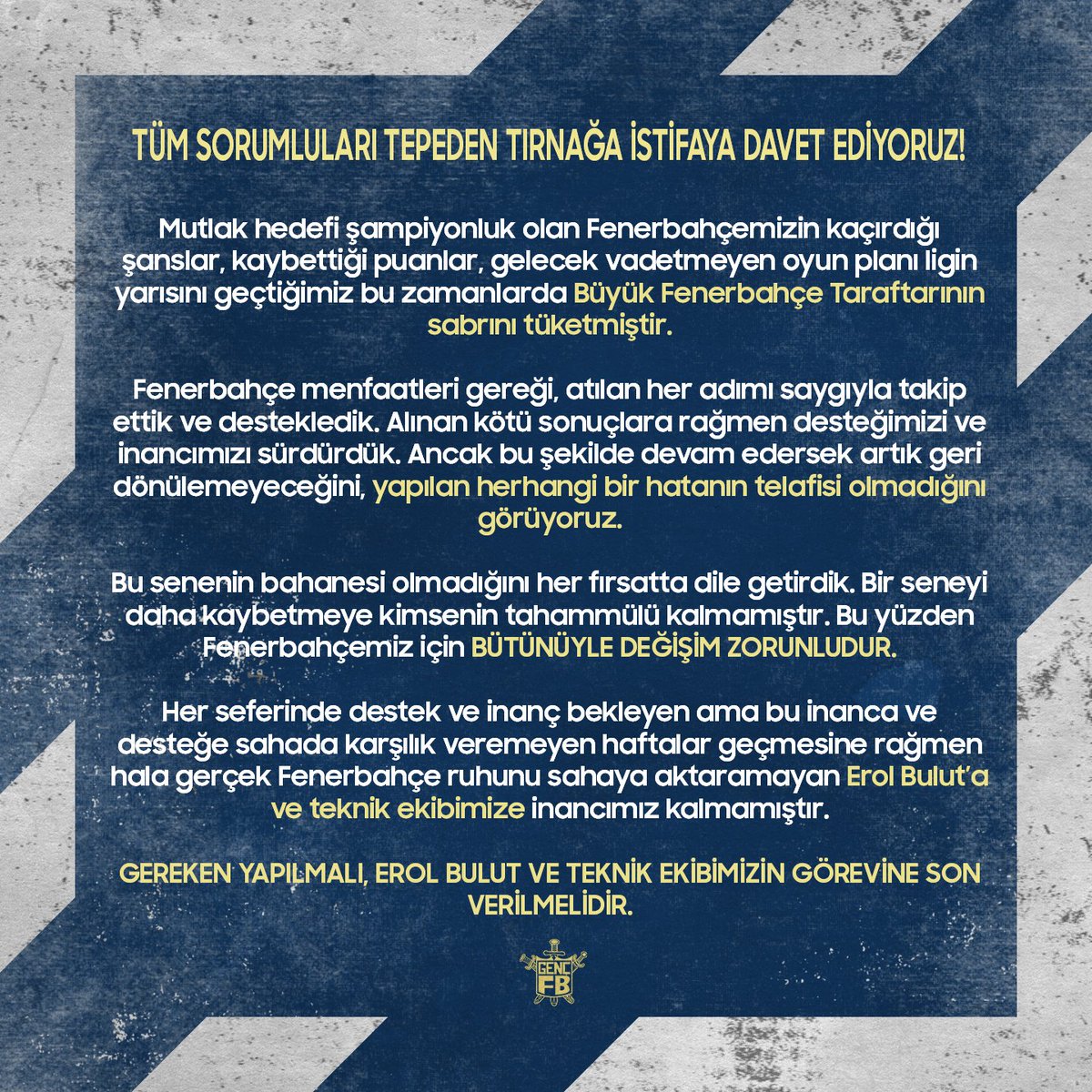 gencfborg's tweet image. TÜM SORUMLULARI TEPEDEN TIRNAĞA İSTİFAYA DAVET EDİYORUZ!