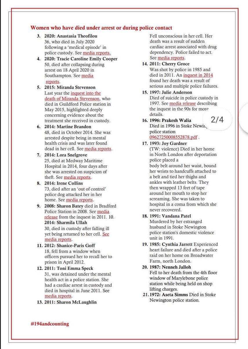 SistersUncut's tweet photo. When thousands of us lay down in Parliament Square this evening, we did so in tribute to the many women who have been killed by police officers, in prison or in state custody. 

Here are their names. #194andcounting https://t.co/4VAdFr3PIU