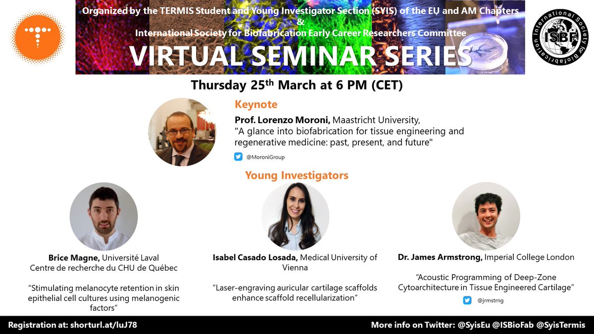 TERMIS SYIS EU (@syiseu) on Twitter photo ⚠️Exciting seminar coming up, organized together with the Early Career Researchers Committee of <a href="/ISBioFab/">Intl Soc Biofab</a>
🗓️Thursday 25th March
⌚️6 PM CET
🔗Register here shorturl.at/luJ78
Keynote by <a href="/MoroniGroup/">Moroni Lab</a>
Talks by Brice Magne, Isabel Casado Losada & <a href="/jrmstrng/">James Armstrong</a>
Join us!! ⚠️Exciting seminar coming up, organized together with the Early Career Researchers Committee of <a href="/ISBioFab/">Intl Soc Biofab</a>
🗓️Thursday 25th March
⌚️6 PM CET
🔗Register here shorturl.at/luJ78
Keynote by <a href="/MoroniGroup/">Moroni Lab</a>
Talks by Brice Magne, Isabel Casado Losada & <a href="/jrmstrng/">James Armstrong</a>
Join us!!
