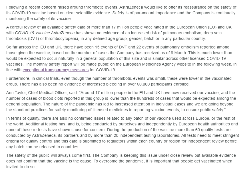 BNOFeed's tweet photo. AstraZeneca says there's no evidence its COVID-19 vaccine increases the risk of blood clots. Out of 17 million people vaccinated, only 37 cases, which it says is lower than would be expected among the general population https://t.co/S9VDCjr7x5