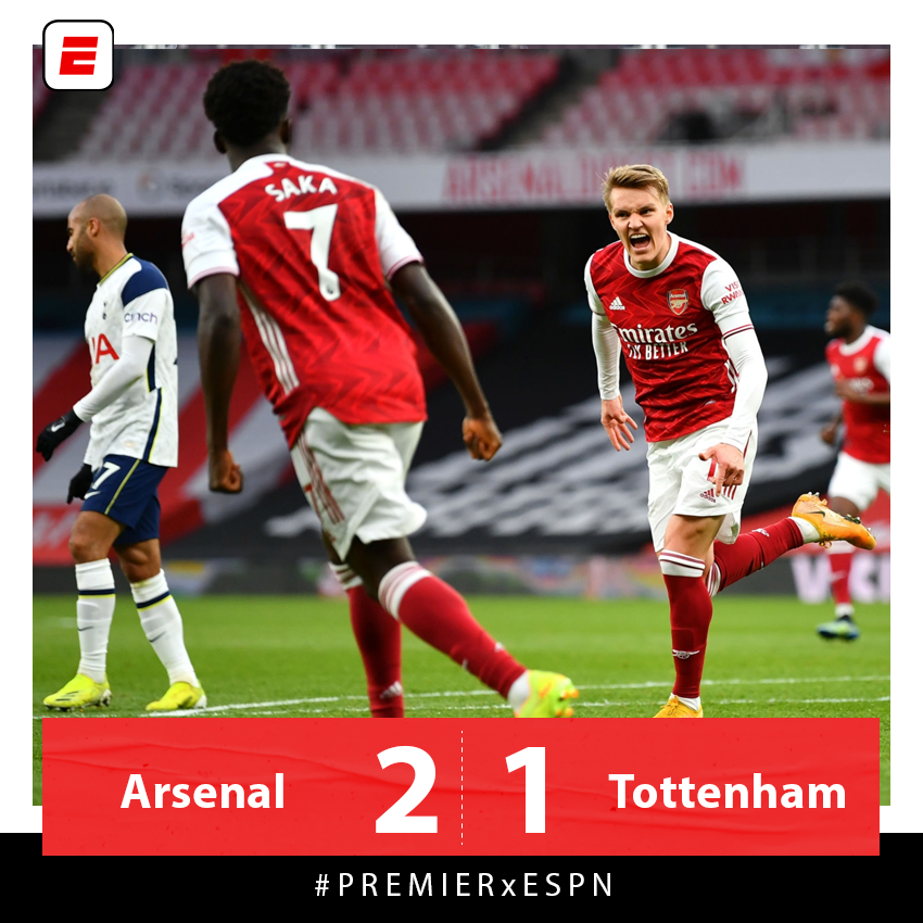 ESPNArgentina's tweet photo. ¡EL CLÁSICO FUE PARA LOS GUNNERS! Por los goles de Odegaard y Lacazette, Arsenal se impuso 2-1 frente al Tottenham por la fecha 28 de la #PREMIERxESPN. Lamela🇦🇷 anotó un golazo para los Spurs pero luego se fue expulsado por un manotazo a un rival. Davinson Sánchez🇨🇴 fue titular. https://t.co/omEQzWvW3Z